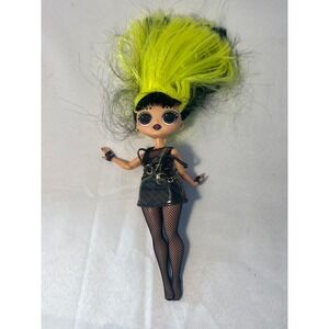 LOL Surprise Doll Fierce Punk Rocker Neon Hair Black Faux Leather Dress Fishnets